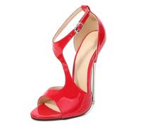 Mdrcg Sandali con Tacco a Spillo in Vernice da Donna, con Cinturino a T, Punta Aperta e Cinturino alla Caviglia, con Fibbia Regolabile, Tacchi da Sera Formali 16CM/6.29IN,Rosso,41 EU