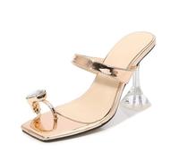 Mdrcg Sandali da Donna con Tacco a Spillo a Punta Quadrata, Stile Cavallerizza, per Pole Dance, Feste, 9 cm/3,54 Pollici,d'oro,36 EU