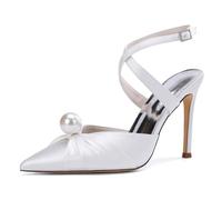 Mdrcg Sandali Donna con perni e Tacco a Spillo, Scarpe da Sposa per Cerimonie serali e Matrimoni, cavigliera e Modello Slingback,Bianca,38 EU