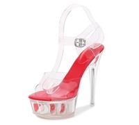 Mdrcg Scarpe con Tacco Alto Trasparenti e Sexy per Donna, Sandali con Lacci da 15 cm per Pole Dance, Discoteca, Festa di Nozze, Scarpe da 14 cm,Rosso,36 EU