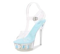 Mdrcg Scarpe con Tacco Alto Trasparenti e Sexy per Donna, Sandali con Lacci da 15 cm per Pole Dance, Discoteca, Festa di Nozze, Scarpe da 14 cm,Blu,44 EU