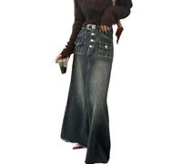 MdybF Gonna Lunga Donna Gonna retrò in Denim da Donna Invernale Monopetto Gonna A Gamba Larga Mezza Lunghezza Gonna A-Line-Colore Immagine-L