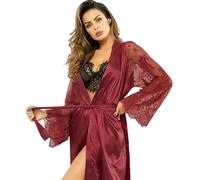 MdybF Vestaglia Abito Da Sposa Da Donna Da Donna Lunga Abiti Da Sposa In Raso In Pizzo Seta Kimono Accappatoio Da Notte Per Abbigliamento Da Notte Da Notte-1107 Vino-M