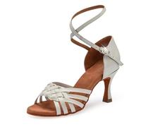 MDYTPT Sala da ballo latino da donna, sandali fatti a mano con suola morbida tacco 6,5/7,5 cm, Argento - Tacco 7,5 cm, 44 EU