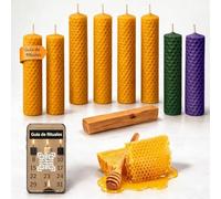 ME HECHIZAS TU® Kit Ritual Candele di Miele 100% Cera d'Api | 8 Candele + Palo Santo | Abundanza Fortuna e Lavoro | 6 Miele 1 Verde 1 Viola | Include QR con Rituale Abundanza e Prosperità Giorni 11 e