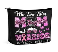 Me Two Titles Mom And Warrior Borsa per il trucco per la consapevolezza del cancro al seno Borsa da viaggio in PU Borsa impermeabile con cerniera per articoli da toeletta per donne 6,8x5,9 pollici