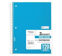 Mead 3 Subject Wide Ruled Spiral-Bound Notebook 10.5"X8"-120 Sheets