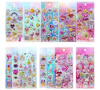 Meafeng Adesivi Puffy 3D Scuotibili, 178 Stickers Decorativi per Bambini con Castello Arcobaleno, Bacchette Magiche, Palloncini, Cuori, Feste e Altro - Per Scrapbooking, Regali, Diari (12 Fogli)