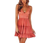 Meaner Vestito da Donna con Arco, Volant e Orlo Smocked, a Canottiera, Mini Abito da Spiaggia, Senza Maniche Pattinatore Vestito Festa Vestiti Casual Prendisole in Pizzo (Rosa, EU/38/M)