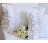 Meaning4, federe bianche con ricamo in pizzo e volant, in cotone, da 50 x 75 cm, stile elegante e lussuoso, 2 pezzi