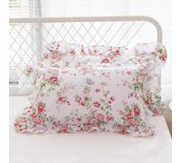 Meaning4, federe per cuscino con motivo floreale di rose, con volant, stile shabby chic, federe per cuscino queen size, 50 x 75 cm, confezione da 2, stile country vintage