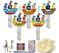 Meanju Campanelli a Vento per Bambini 10 Pezzi, Navi da Pirata in Legno Kit, Bambino Nave Pirata Campana a Vento, Nave dei Pirati per Artigianato, Kit Artigianali in Legno per Bambini (multicolour-1)