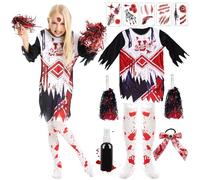 Meanju Costume Halloween Cheerleader Zombie,Costume da Ragazzina Cheerleader,Cheerleader Costume Halloween,Vestito Zombie Bambina con Pompon Sangue Finto,per Halloween Carnevale Festa (Taglia L)