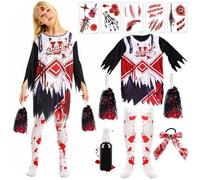 Meanju Costume Halloween Cheerleader Zombie, Vestito da Ragazzina Con Pompon Sangue Finto, per Halloween Carnevale Festa (Taglia M)