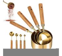 Measuring Cups - Spoons Set 8 Piece Stainless Steel Kitchen Tools | Wood Handles Stackable Teaspoon Tablespoon Set for Accurate Measuring of Dry, Baking, Cooking and Home Culinary Use