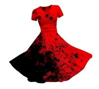 Meaunzyl Abito da Donna Halloween, Scollo A V, Maniche Corte, Stampa Macchie Di Sangue, Abito Vampiro, Costume Di Halloween Chic E Speciale, Linea Ad A, Taglie Forti, Carnevale