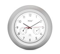 Mebus Funk-Wanduhr mit Thermometer und Hygrometer/silberner Rahmen/weißes Zifferblatt / 29cm Durchmesser/Rund/Modell: 19450 / Farbe: Silber, Weiß