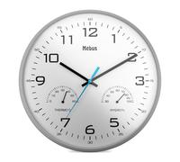 MEBUS analoge Quarz Wanduhr mit Thermometer und Hygrometer Farbe Grau/Weiß