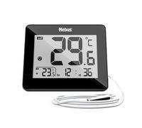 MEBUS digitales Thermometer Innen und Außen mit kabelgebundenem Außensensor, Uhrzeit, Min/Max-Werte, Farbe: Schwarz, Modell: 48432
