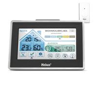 MEBUS funkgesteuerte Wetterstation mit Außensensor, Touch Display, Thermometer/Hygrometer, Wohlfühlindikator bewertet Raumklima per Temperatur/Luftfeuchtigkeit, Wecker, Silber-Schwarz, Modell: 01026