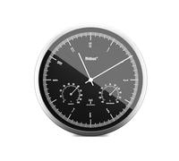 Mebus Orologio da parete radio TinyTime con termoigrometro e termico, senza ticchettio, 25 cm, quadrante nero, cassa argentata, 1977