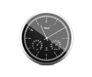 Mebus Orologio da parete radio TinyTime con termoigrometro e termico, senza ticchettio, 25 cm, quadrante nero, cassa argentata, 1977