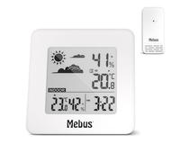 Mebus Stazione meteo radiocontrollata con sensore esterno, termometro/igrometro (interno/esterno), indicatore di benessere, clima ambiente, sveglia, bianco, 40913