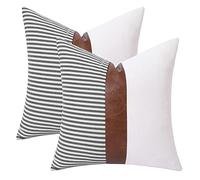 Mecatny Set di 2 cuscini decorativi in stile bohémien, 45 x 45 cm, con inserti inclusi, in finta pelle marrone, stile moderno a righe patchwork in lino, per divano, letto, divano, colore grigio