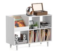 Mechprip Grande supporto in legno per giradischi con presa e porte USB | Scaffale in vinile a 3 livelli, fino a 350 album, con passacavi e piedini regolabili in altezza, per soggiorno, sala musica