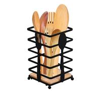 Mecmbj portamestoli cucina, porta mestoli da cucina, porta utensili da cucina piazza con fori di scarico, portautensili cucina in acciaio inossidabile con base in legno per cucchiai e posate (Nero B)