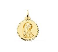 Medaglia della Vergine Maria in oro 18k per la Prima Comunione, 22 mm, con bordo a croce intagliato.