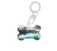 Medaglietta identificativa a forma di osso di cane con vista sul lago di montagna Sunny Day Nature stampata, 1 pezzo, double face, con portachiavi per animali domestici