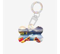 Medaglietta identificativa a forma di osso per cani con stampa di barche sul lago di montagna, 1 pezzo, double face, con portachiavi, per animali domestici