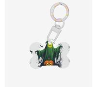 Medaglietta per cani a forma di osso con stampa di zucca di Halloween con fantasma verde, in acrilico, con anello, per cani e gatti, ciondolo artigianale
