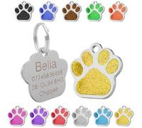 Medaglietta per cani con incisione personalizzabile, targhetta per gatti, targhetta identificativa per animali domestici, in acciaio inox, con impronta di zampa glitterata, 27 mm (giallo)