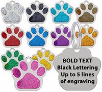 Medaglietta per cani e gatti, targhetta identificativa, colore nero, personalizzabile con scritta incisa 27 mm, con zampa di glitter (viola)
