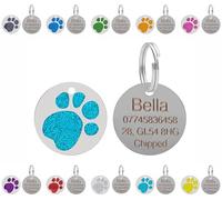Medagliette identificative personalizzate incise per cani e gatti - Personalizzabili con il testo di vostra scelta su una medaglietta rotonda in acciaio inossidabile con impronta di zampa glitterata