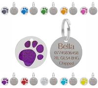 Medagliette identificative personalizzate incise per cani e gatti - Personalizzabili con il testo di vostra scelta su una medaglietta rotonda in acciaio inossidabile con impronta di zampa glitterata