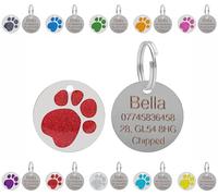Medagliette identificative personalizzate incise per cani e gatti - Personalizzabili con il testo di vostra scelta su una medaglietta rotonda in acciaio inossidabile con impronta di zampa glitterata