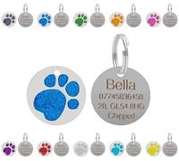 Medagliette identificative personalizzate incise per cani e gatti - Personalizzate con il testo di vostra scelta su una medaglietta rotonda in acciaio inossidabile con impronta di zampa glitterata