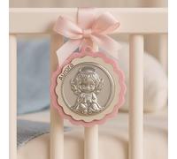 Medaglione Capoculla Angelo in Argento perfetto come idea regalo nascita o regalo battesimo da appendere alla culla, al passeggino o in cameretta del neonato con nome Personalizzato (Rosa)