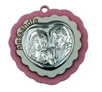 Medaglione Capoculla Sacra Famiglia in Argento Idea Regalo Nascita o Battesimo da appendere alla culla, al passeggino o in cameretta del neonato con nome Personalizzato (Celeste)
