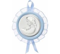 Medaglione per culla a tema Madonna con Bambino di Valenti. Medaglione di colore celeste con lastra in argento 925. Misure: d.9,5. La referenza è: 10570 1C