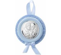 Medaglione per culla a tema Sacra Famiglia di Valenti. Medaglione di colore celeste con lastra in argento 925. Misure: d.8. La referenza è: 10563 1C