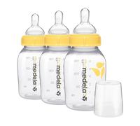Medela Confezione da 3 biberon a flusso lento da 140 ml con tettarella, coperchi, collari a base larga e tappi da viaggio, realizzati senza BPA