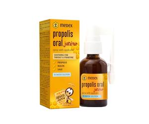 Medex Propolis Oral Junior, propoli spray gola, a base d'acqua, senza alcol; con aggiunta di miele, salvia, niacina, punte di abete rosso, con applicatore, bambini 3+, 30 ml