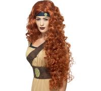 Medievale Parrucca Regina Castano Ramato Warrior Braveheart Lungo Ricci Anni Ne