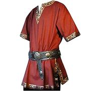 Medievale Tunica Uomini Performance Abbigliamento V-Neck Cos Golden Side Manica Corta Pirata Camicia Costume Senza Cintura, Rosso, L