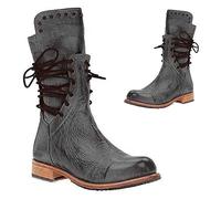 Medievali Stivali Cosplay Delle Donne PU Stivali In Pelle Mid-Polpaccio Retro Punk Chiusura In Pizzo Tacchi Bassi Autunno Inverno Stivali Da Moto Festival LARP Scarpe Vintage Cowboy Western Stivali,