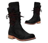 Medievali Stivali Cosplay Delle Donne PU Stivali In Pelle Mid-Polpaccio Retro Punk Chiusura In Pizzo Tacchi Bassi Autunno Inverno Stivali Da Moto Festival LARP Scarpe Vintage Cowboy Western Stivali,